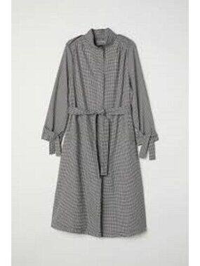 H&M Houndstooth Trench Coat Women's size 10 Black Beige Midi Length Belt Tie NEW